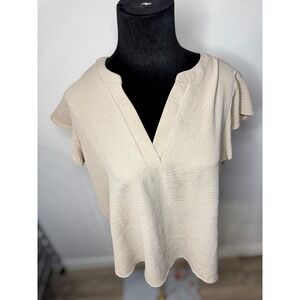 Preppy Adrianna Papell Women's Beige Textured V Neck Short Sleeve Blouse Top